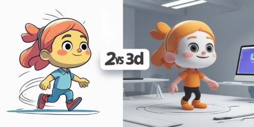 Alt text: Illustration showing the process of creating an animated character. On the left, there are 2D sketches of a robot character in different poses, with construction lines visible. On the right, the same character is rendered in 3D, standing in front of a computer screen displaying animation software. The scene highlights the transition from 2D concept art to a finished 3D model.