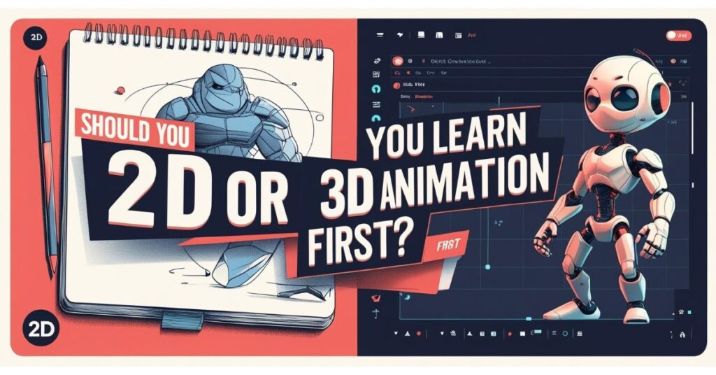 Alt text: Split image comparing 2D and 3D animation. On the left, a sketchbook with a pencil drawing of a robot character represents 2D animation, with the text "Should you 2D or". On the right, a 3D-rendered robot character stands in front of a computer screen displaying animation software, with the text "You learn 3D animation first?". The image visually asks whether to learn 2D or 3D animation first.