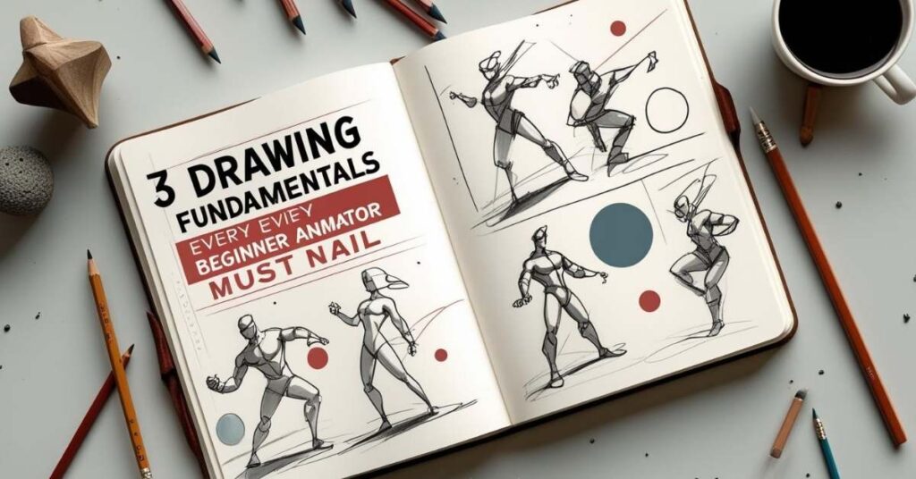 An open sketchbook on a desk surrounded by pencils, a coffee cup, and drawing tools. The left page reads "3 Drawing Fundamentals Every Beginner Animator Must Nail" and features sketches of human figures in various poses. The right page shows more dynamic figure sketches and geometric shapes. The website "DrawntoAnimation.com" is visible at the bottom.