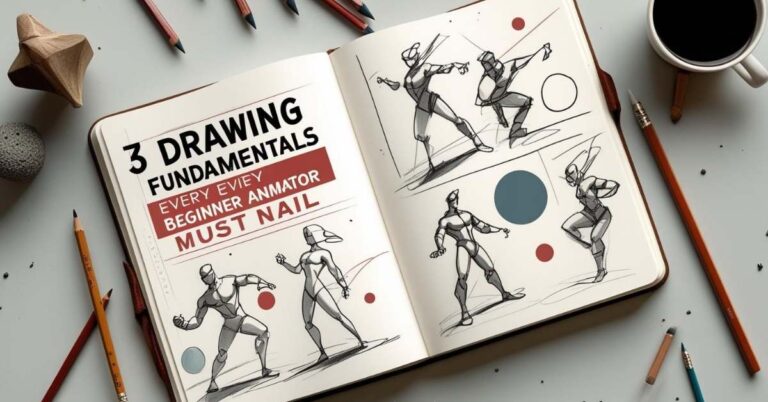 An open sketchbook on a desk surrounded by pencils, a coffee cup, and drawing tools. The left page reads "3 Drawing Fundamentals Every Beginner Animator Must Nail" and features sketches of human figures in various poses. The right page shows more dynamic figure sketches and geometric shapes. The website "DrawntoAnimation.com" is visible at the bottom.