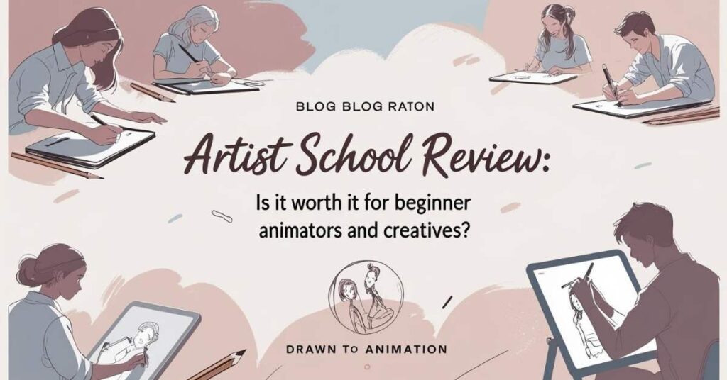 Illustration of several people sketching at desks, with the text "Artist School Review: Is it worth it for beginner animators and creatives? Drawn to Animation. Blog Blog Raton." The background is soft and artistic, emphasizing a creative atmosphere.