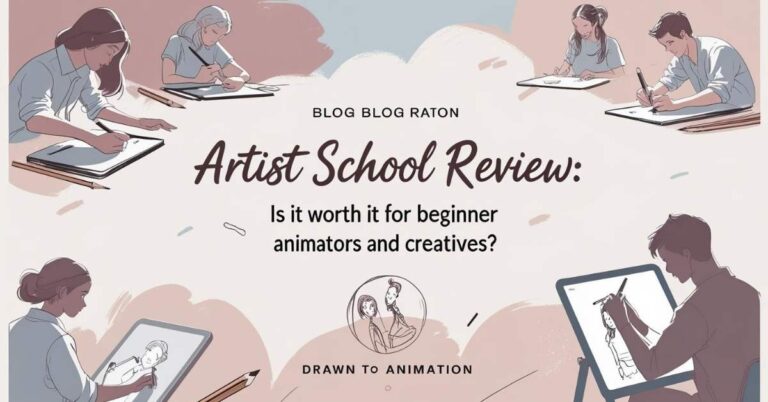 Illustration of several people sketching at desks, with the text "Artist School Review: Is it worth it for beginner animators and creatives? Drawn to Animation. Blog Blog Raton." The background is soft and artistic, emphasizing a creative atmosphere.