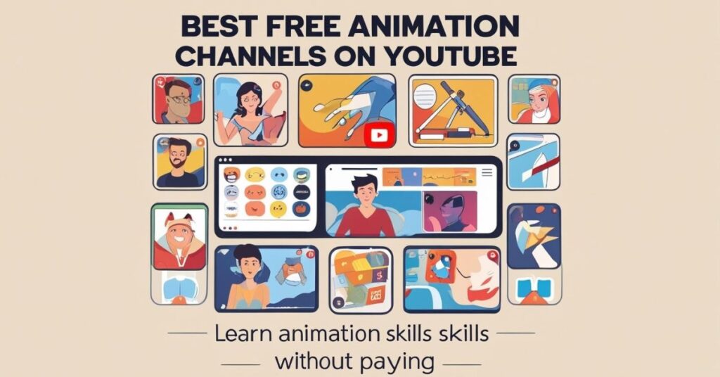 Illustration showing a collage of animated characters and creative tools around a computer screen, with the text "Best Free Animation Channels on YouTube" at the top and "Learn animation skills without paying" at the bottom.