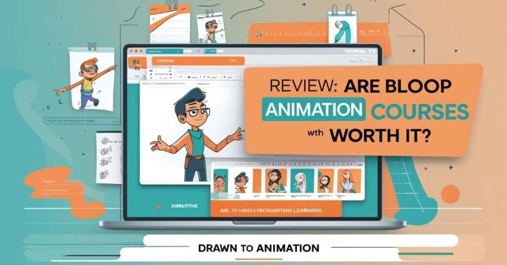 A colorful digital illustration showing a laptop screen with animation software open, displaying a cartoon character and animation frames. Around the laptop are sketches and drawings of animated characters. Overlaid text reads: "Review: Are Bloop Animation Courses Worth It?" At the bottom, there is a banner that says "Drawn to Animation." The overall theme is creative and educational, focusing on animation courses.
