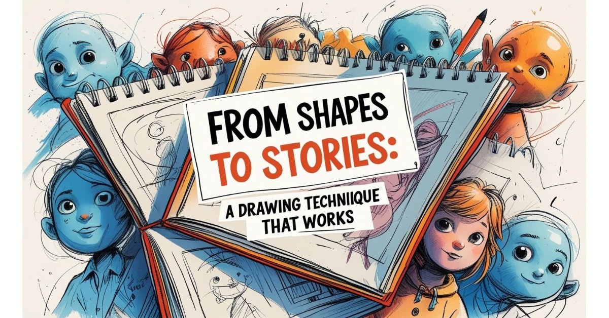 Here’s ALT text for the image: A colorful illustration of sketchbooks with cartoon character drawings, surrounded by blue and orange character faces. In the center, bold text reads: "From Shapes to Stories: A Drawing Technique That Works." Here’s ALT text for the image: A colorful illustration of sketchbooks with cartoon character drawings, surrounded by blue and orange character faces. In the center, bold text reads: "From Shapes to Stories: A Drawing Technique That Works."