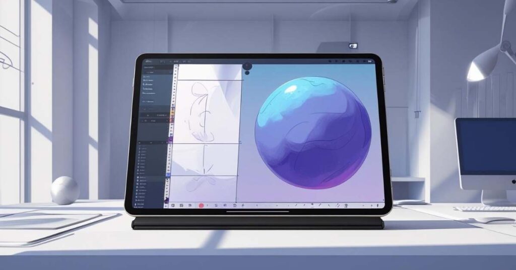 A digital tablet sits on a white desk in a bright, modern office. The tablet screen displays a drawing application with a large, shiny, purple-blue sphere being illustrated. Sunlight streams through large windows, casting shadows across the minimalist workspace.