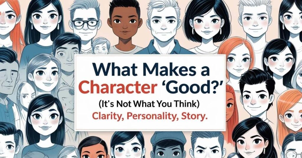 A colorful illustration featuring a diverse group of cartoon characters with different hairstyles, skin tones, and expressions, all surrounding a large text box. The text in the center reads: "What Makes a Character 'Good?' (It's Not What You Think) Clarity, Personality, Story."