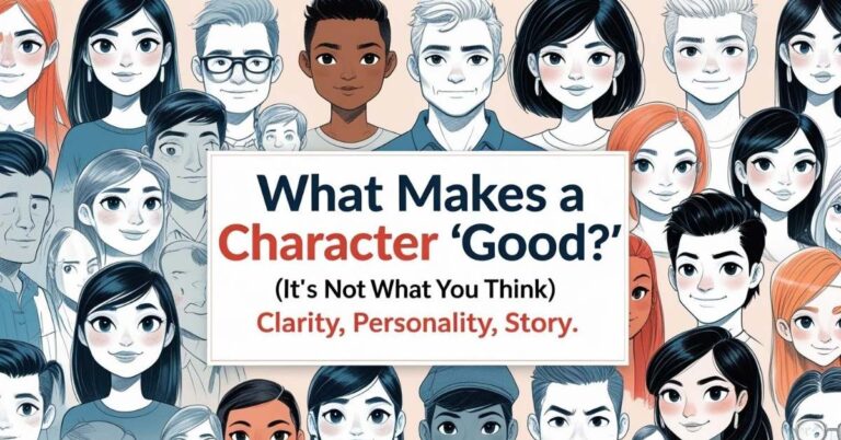 A colorful illustration featuring a diverse group of cartoon characters with different hairstyles, skin tones, and expressions, all surrounding a large text box. The text in the center reads: "What Makes a Character 'Good?' (It's Not What You Think) Clarity, Personality, Story."