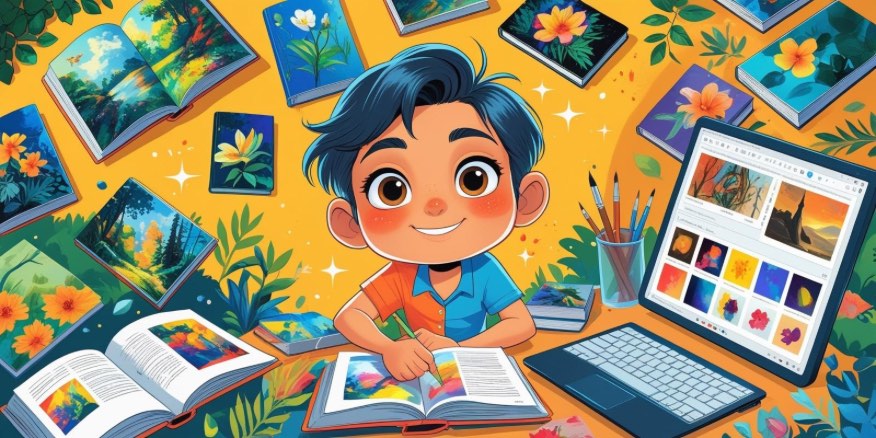Alt text: A cheerful child with blue hair sits at a desk surrounded by open art books, colorful paintings, and a laptop displaying digital artwork. The background is filled with vibrant flowers and leaves, creating a creative and inspiring atmosphere. The child is drawing in a sketchbook, smiling happily.