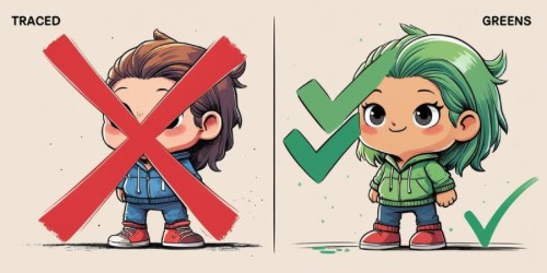 Alt text: Illustration showing two cartoon characters side by side. The left character, labeled "TRACED," has brown hair and is crossed out with a large red X. The right character, labeled "GREENS," has green hair and is marked with a large green checkmark. Both characters wear hoodies and sneakers, but only the green-haired character is approved.
