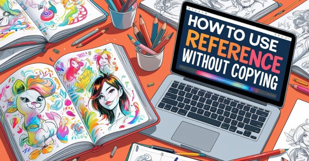 Alt text: A colorful workspace with open sketchbooks displaying vibrant character drawings, a laptop showing the text "How to Use Reference Without Copying," and various pencils and art supplies scattered on an orange desk. Black-and-white reference sketches are also visible around the workspace.