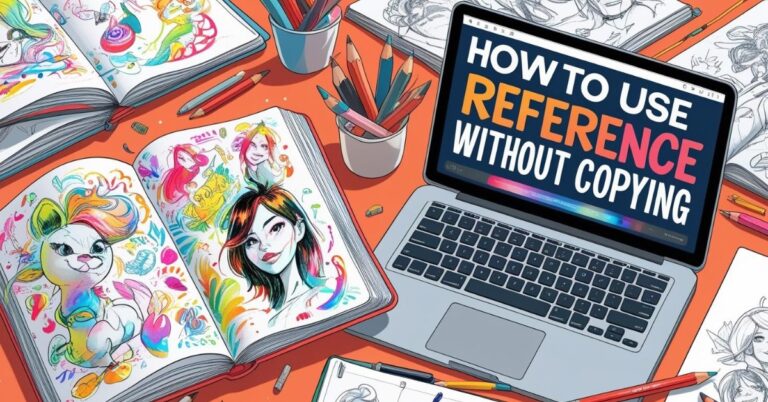 Alt text: A colorful workspace with open sketchbooks displaying vibrant character drawings, a laptop showing the text "How to Use Reference Without Copying," and various pencils and art supplies scattered on an orange desk. Black-and-white reference sketches are also visible around the workspace.