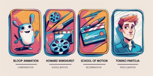 Sure! Here’s some alt text for the image: Four colorful illustrated cards representing animation resources. The first card shows a happy cartoon bunny and is labeled "Bloop Animation - Commimation." The second card features film reels and art supplies, labeled "Howard Wimshurst - Schoolmation." The third card displays a clapperboard and pencils, labeled "School of Motion - Recommation." The fourth card shows a portrait of a young man with red hair, labeled "Toniiko Pantoja - Pencilmation."