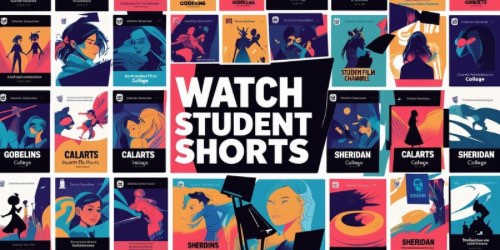 A colorful collage of illustrated posters for student short films, featuring stylized characters and scenes in bold colors. In the center, large white text reads "WATCH STUDENT SHORTS." The posters highlight various colleges such as CalArts, Sheridan, and Gobelins, with diverse animation styles and creative visuals.