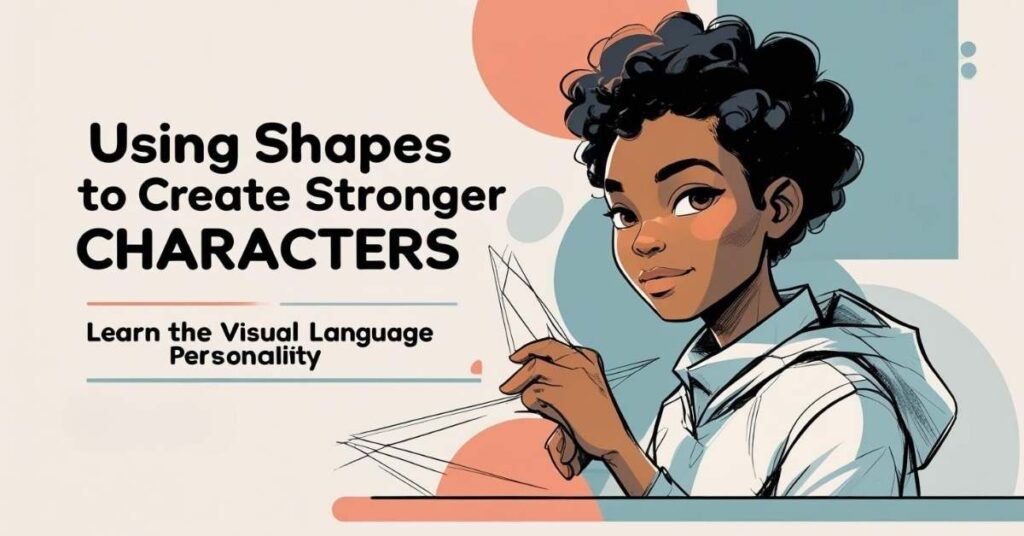 A digital illustration features a young person with curly black hair and brown skin, wearing a white hoodie, holding a paper airplane. The background includes abstract shapes in soft blue, orange, and beige. Large text on the left reads, "Using Shapes to Create Stronger CHARACTERS." Smaller text below says, "Learn the Visual Language Personality." The overall design is modern and inviting.