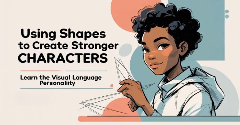 A digital illustration features a young person with curly black hair and brown skin, wearing a white hoodie, holding a paper airplane. The background includes abstract shapes in soft blue, orange, and beige. Large text on the left reads, "Using Shapes to Create Stronger CHARACTERS." Smaller text below says, "Learn the Visual Language Personality." The overall design is modern and inviting.