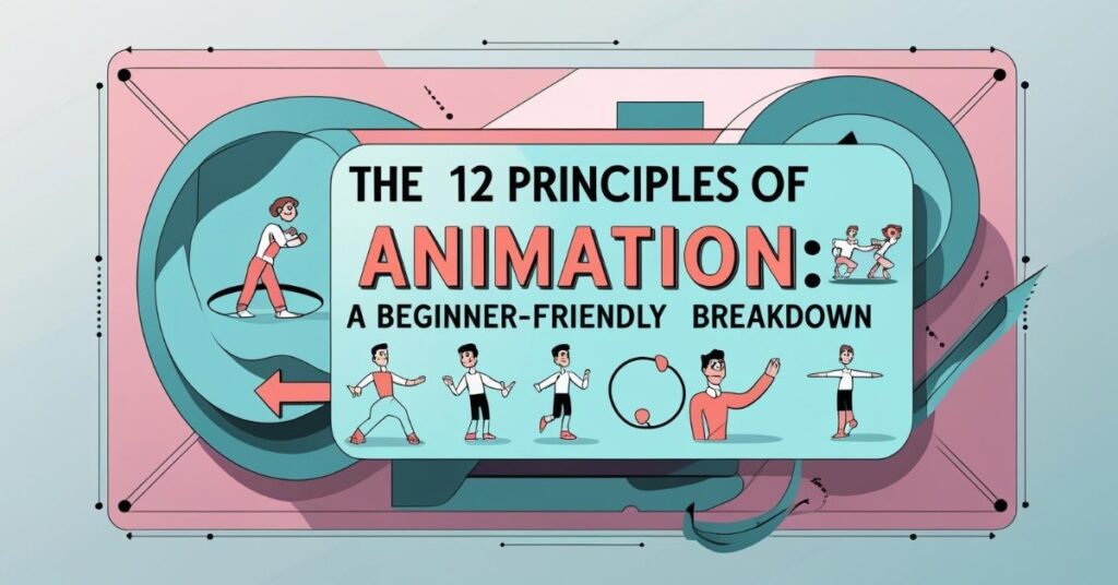 Illustrated banner featuring the text "The 12 Principles of Animation: A Beginner-Friendly Breakdown." The background includes stylized reels and a cartoon character walking in a circle. Along the bottom of the banner, there are small cartoon figures demonstrating various animation poses and movements.