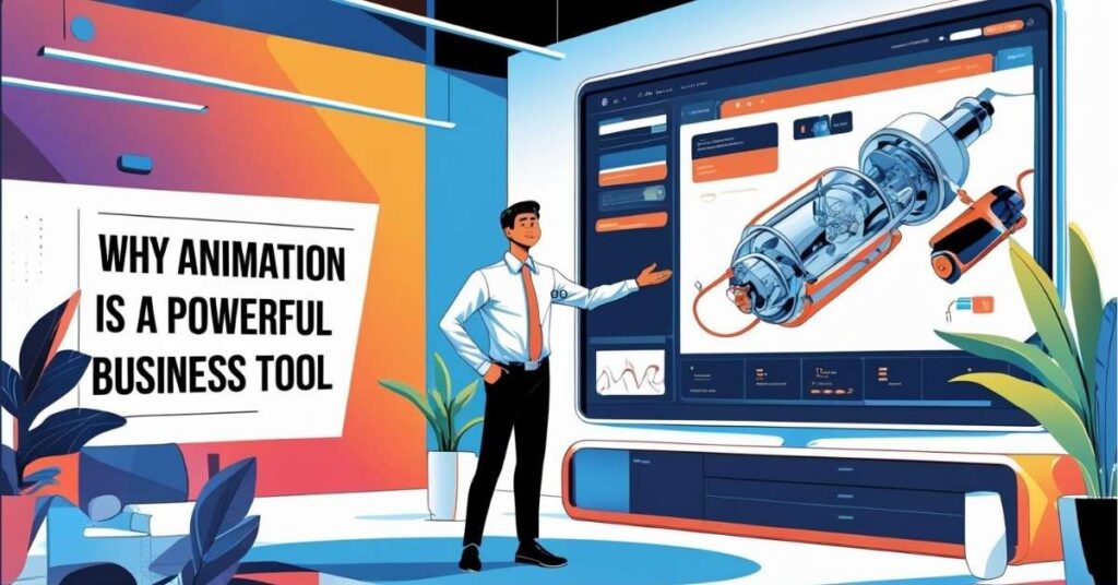 A business professional stands in a modern, colorful office, gesturing toward a large screen displaying a detailed 3D animation of a mechanical part. Next to him, a sign reads, "Why Animation Is a Powerful Business Tool." The setting includes plants and sleek furniture, emphasizing a creative and innovative workspace.