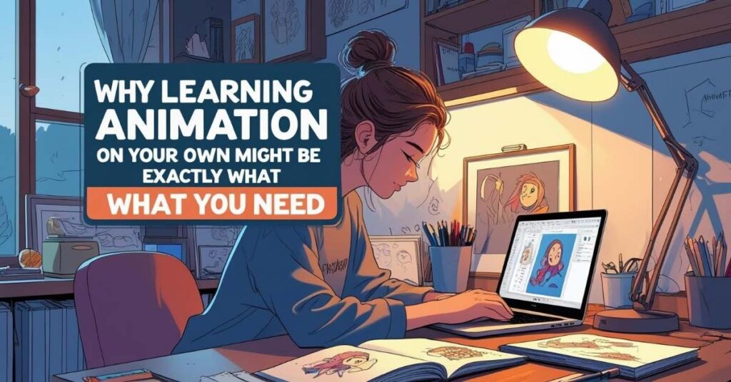 A young woman sits at a desk in a cozy, art-filled room, working on animation on her laptop. The screen shows a cartoon character, and sketchbooks with drawings are spread out on the desk. Warm lighting from a desk lamp creates a focused atmosphere. Large text on the image reads: "Why learning animation on your own might be exactly what you need."
