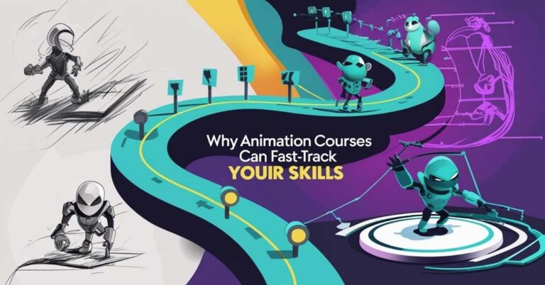 Alt text: A colorful illustration shows a winding road with cartoon characters walking along it, representing a journey of learning animation. On the left, there are black-and-white sketches of a robot character, while on the right, the same character is fully colored and animated. The text in the center reads, "Why Animation Courses Can Fast-Track Your Skills." The background features creative elements like character outlines and digital drawing tools.