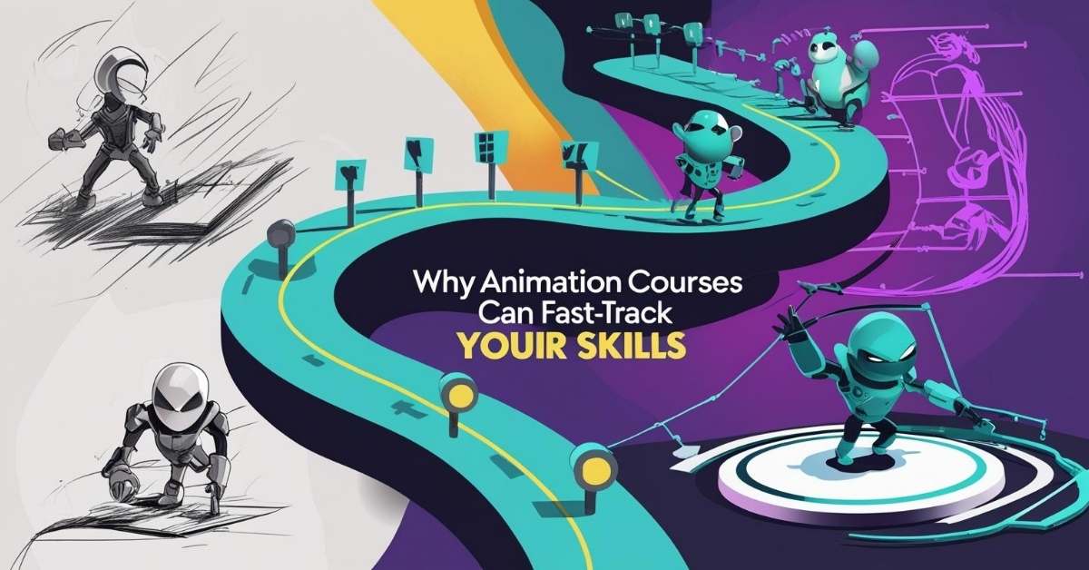 Alt text: A colorful illustration shows a winding road with cartoon characters walking along it, representing a journey of learning animation. On the left, there are black-and-white sketches of a robot character, while on the right, the same character is fully colored and animated. The text in the center reads, "Why Animation Courses Can Fast-Track Your Skills." The background features creative elements like character outlines and digital drawing tools.