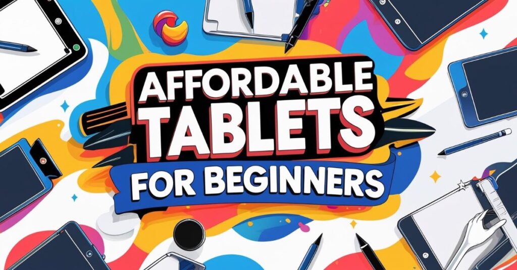 Alt text: Colorful graphic with the words "Affordable Tablets for Beginners" in bold letters at the center. The background features illustrations of various tablets, styluses, and abstract shapes in bright colors, creating a playful and inviting design.