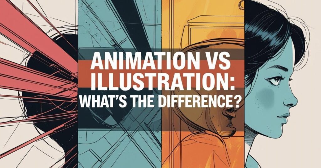 Alt text: A split-screen digital artwork showing two stylized female faces in profile, separated by bold lines and colors. The left side features dynamic, abstract lines suggesting motion, while the right side shows a calm, detailed illustration. Overlaid text reads, "Animation vs Illustration: What's the Difference?"