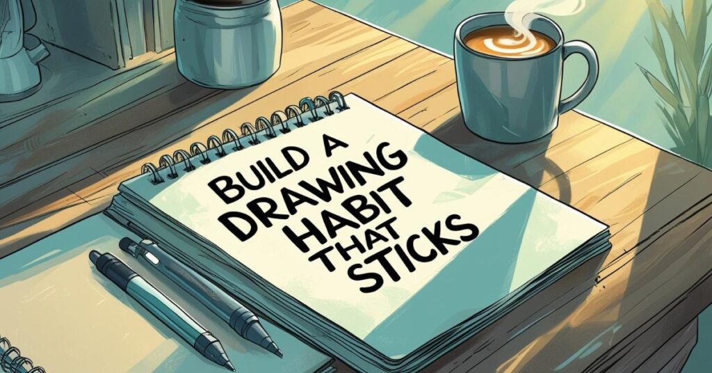 Alt text: A spiral notebook on a wooden table with the words "Build a drawing habit that sticks" written on the open page. Two pens rest beside the notebook, and a steaming cup of coffee sits nearby in warm sunlight.