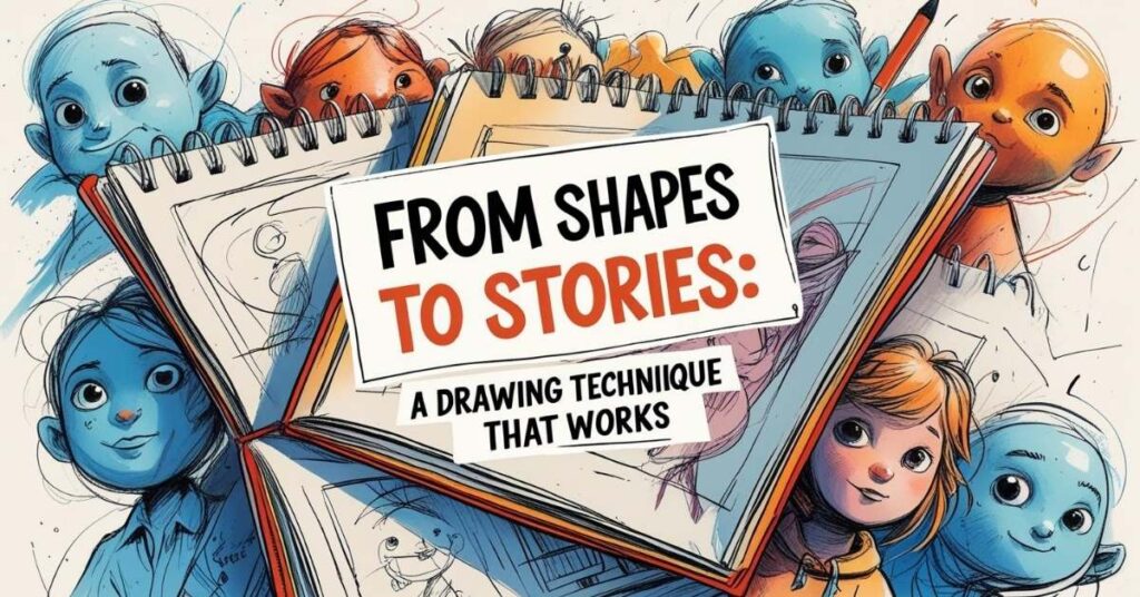 Here’s ALT text for the image: A colorful illustration of sketchbooks with cartoon character drawings, surrounded by blue and orange character faces. In the center, bold text reads: "From Shapes to Stories: A Drawing Technique That Works." Here’s ALT text for the image: A colorful illustration of sketchbooks with cartoon character drawings, surrounded by blue and orange character faces. In the center, bold text reads: "From Shapes to Stories: A Drawing Technique That Works."