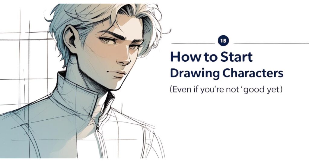 Alt text: A digital illustration of a young man with light hair and a confident expression, partially sketched with visible construction lines. Next to the drawing, text reads: "How to Start Drawing Characters (Even if you're not 'good yet')."