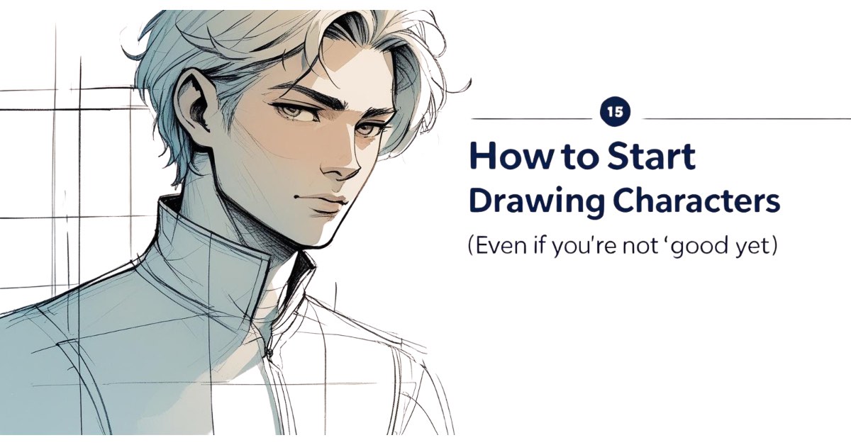 Alt text: A digital illustration of a young man with light hair and a confident expression, partially sketched with visible construction lines. Next to the drawing, text reads: "How to Start Drawing Characters (Even if you're not 'good yet')."