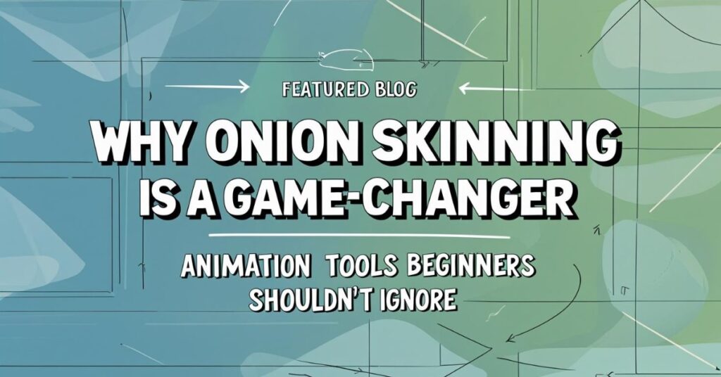 Alt text: A digital graphic with a blue and green abstract background features bold white text that reads, "Why Onion Skinning Is a Game-Changer." Above the main text, smaller text says "Featured Blog," and below, it says "Animation tools beginners shouldn't ignore." Thin white lines and sketch-like shapes decorate the background.