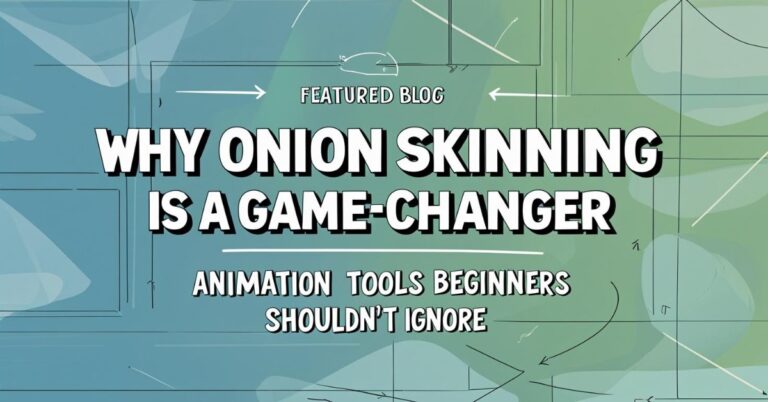 Alt text: A digital graphic with a blue and green abstract background features bold white text that reads, "Why Onion Skinning Is a Game-Changer." Above the main text, smaller text says "Featured Blog," and below, it says "Animation tools beginners shouldn't ignore." Thin white lines and sketch-like shapes decorate the background.
