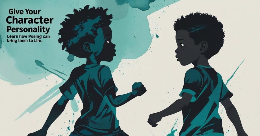 Cartoon illustration of two young boys with dark skin and curly hair, both wearing t-shirts and shorts, striking dynamic action poses. The background features teal paint splashes. Text in the upper left corner reads: "Give Your Character Personality. Learn how Posing can bring them to Life."