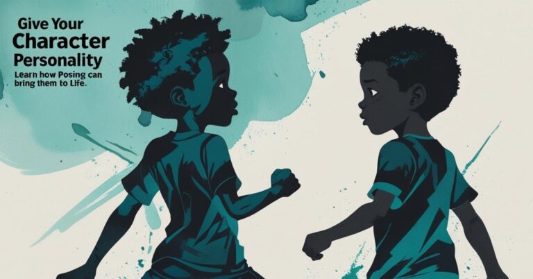 Cartoon illustration of two young boys with dark skin and curly hair, both wearing t-shirts and shorts, striking dynamic action poses. The background features teal paint splashes. Text in the upper left corner reads: "Give Your Character Personality. Learn how Posing can bring them to Life."