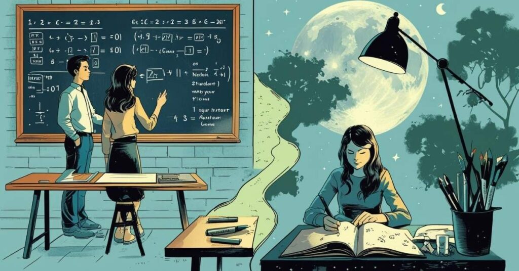 Alt text: A split illustration shows two scenes. On the left, a woman writes math equations on a chalkboard while a man observes in a classroom setting. On the right, the same woman studies alone at a desk under a lamp at night, with a large full moon and trees in the background. A winding path connects the classroom to the nighttime study scene, symbolizing a journey of learning and personal growth.