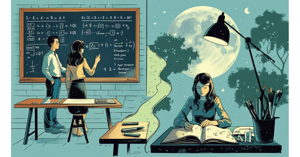 Alt text: A split illustration shows two scenes. On the left, a woman writes math equations on a chalkboard while a man observes in a classroom setting. On the right, the same woman studies alone at a desk under a lamp at night, with a large full moon and trees in the background. A winding path connects the classroom to the nighttime study scene, symbolizing a journey of learning and personal growth.