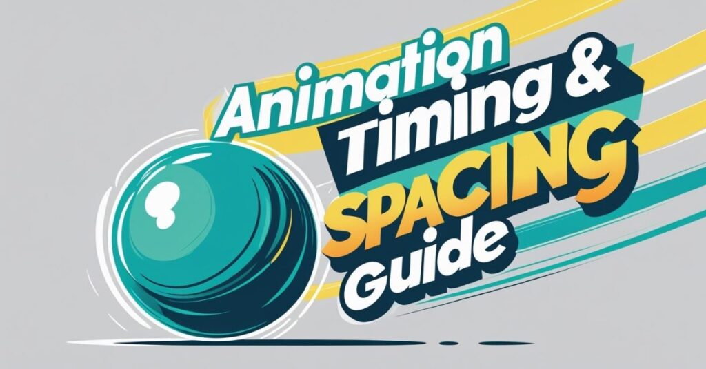 Alt text: A stylized illustration of a teal ball in motion with colorful streaks behind it. Bold text reads "Animation Timing & Spacing Guide" in white, black, and yellow letters, with a playful and dynamic design on a light gray background.
