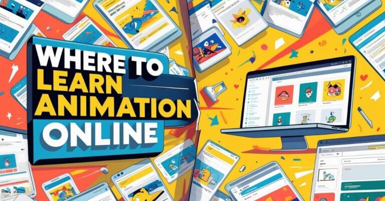 Alt text: A colorful digital illustration featuring a large sign that says "Where to Learn Animation Online." Surrounding the sign are multiple screens and tablets displaying animated characters and online course interfaces. A computer monitor on the right shows various animation lessons, all set against a bright, energetic background.