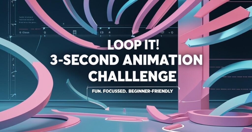 Design a featured blog image for the post titled “Loop It! Try This 3-Second Animation Challenge.” Use cool tones, animation-themed visuals (like looping arrows, timelines, or motion frames), and clear, modern text overlay that reads: “3-Second Animation Challenge” “Fun. Focused. Beginner-Friendly.” The layout should be clean and professional, appealing to beginners and hobbyists who want to explore animation creatively.