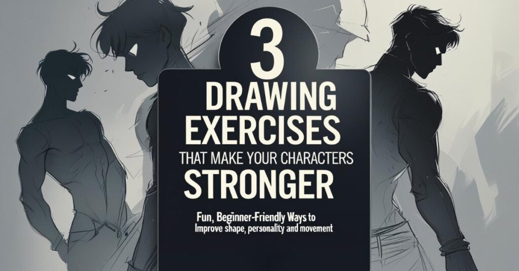 Here’s some alt text for your image: A graphic featuring three stylized character sketches in different poses, with bold text in the center that reads: "3 Drawing Exercises That Make Your Characters Stronger. Fun, Beginner-Friendly Ways to Improve shape, personality and movement." The background is gray with shadowy silhouettes, and the word "blog" appears at the bottom.