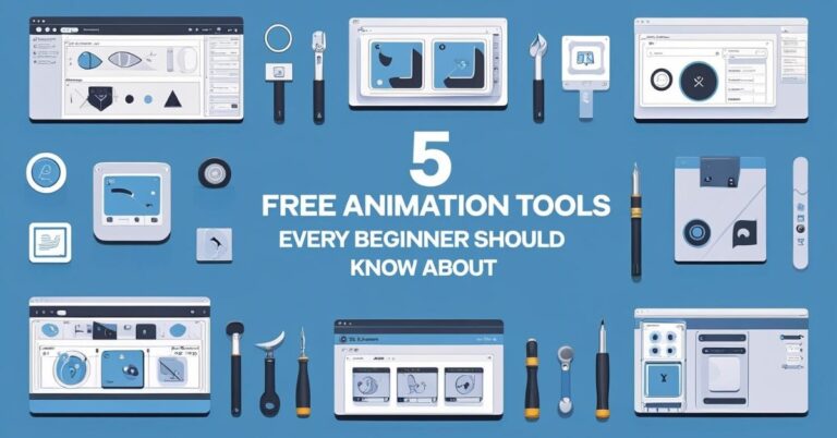 Alt text: A blue background displays illustrated computer screens and animation tool icons arranged around the text "5 Free Animation Tools Every Beginner Should Know About." Various digital drawing and editing tools, such as styluses and software windows, are shown, representing animation software for beginners.