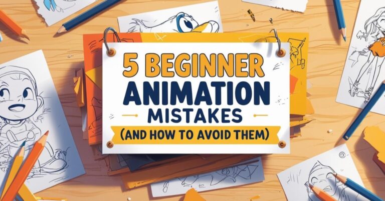 Alt text: A colorful illustration showing a desk covered with animation sketches, pencils, and erasers. In the center, a sign reads "5 Beginner Animation Mistakes (And How to Avoid Them)" in bold, playful lettering. The surrounding sketches feature cartoon characters in various poses.