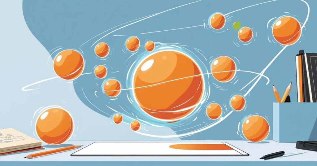 A digital illustration of a desk with drawing supplies, featuring multiple orange spheres of various sizes floating above the desk in swirling, orbit-like patterns. The background is light blue, and the scene has a creative, imaginative feel.