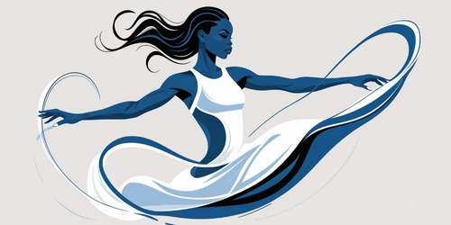 A stylized digital illustration of a graceful ballerina in motion, with flowing black hair and a white and blue dress. The dancer's arms are extended elegantly, and swirling lines around her emphasize the fluidity and energy of her movement.