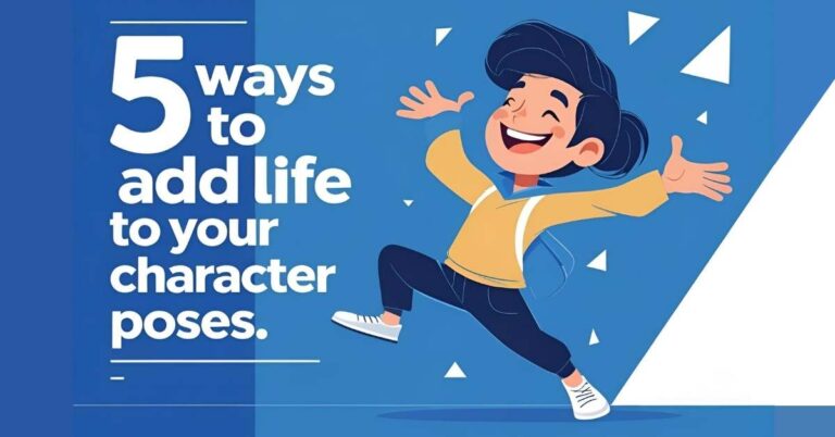 A colorful digital illustration featuring a cheerful cartoon character with dark hair, wearing a yellow sweater, blue pants, and white sneakers, leaping energetically with arms outstretched. On the left side, bold white text reads: "5 ways to add life to your character poses." The background is blue with geometric shapes scattered around.
