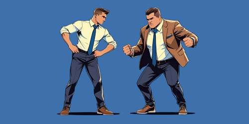 A digital illustration of two men in business attire facing each other against a blue background. One man, wearing a white shirt and tie, stands with his hands on his hips, while the other, in a brown jacket and tie, appears to be in a confrontational stance with clenched fists.