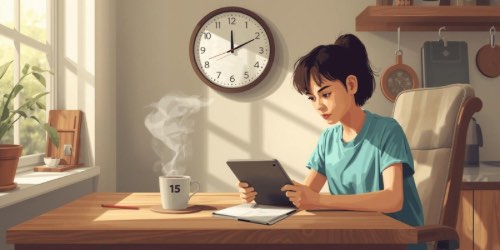 A young woman sits at a wooden desk in a sunlit room, reading a tablet. A steaming mug marked with the number 15 and an open notebook are on the desk. A clock on the wall shows the time as 9:10. The room has cozy decor, including plants and kitchen utensils hanging on the wall.