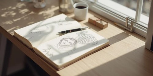 An open sketchbook with pencil drawings of fruit sits on a wooden desk by a sunlit window. A pen rests on the pages, and a cup of coffee and a small box are nearby. Soft shadows from the window fall across the desk.