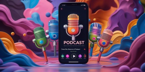Alt text: A smartphone displaying a podcast app with a colorful microphone icon on the screen, surrounded by five vibrant, multicolored microphones. The background features abstract, swirling shapes in bright, bold colors, creating a lively and creative atmosphere.